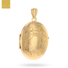 9ct Yellow Gold Oval Shaped Floral Engraved Satin Locket