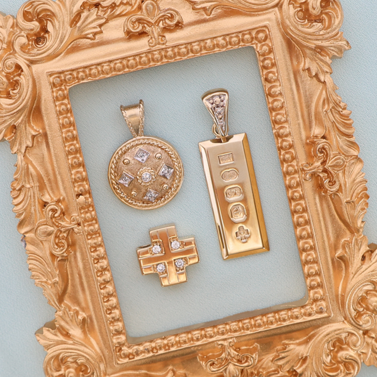 9ct Yellow Gold Diamond Set Medallion Pendant, 9ct Yellow Gold Bevelled Edge Ingot Diamond Set Pendant, 18ct Yellow Gold Maltese Cross Diamond Set Pendant