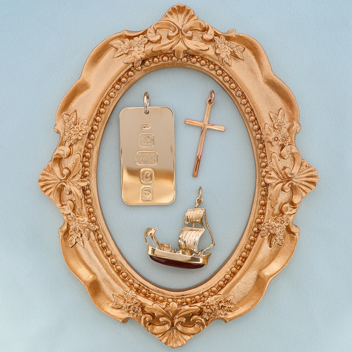 9ct Yellow Gold Rectangular Shaped Ingot Pendant, 9ct Rose Gold Diamond Cut Cross Pendant By Georg Jensen & 9ct Yellow Gold Sailing Ship Carnelian Pendant