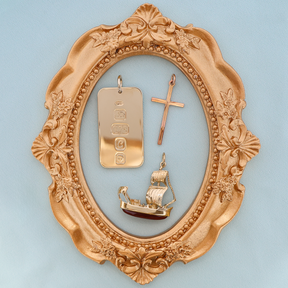 9ct Yellow Gold Rectangular Shaped Ingot Pendant, 9ct Rose Gold Diamond Cut Cross Pendant By Georg Jensen & 9ct Yellow Gold Sailing Ship Carnelian Pendant