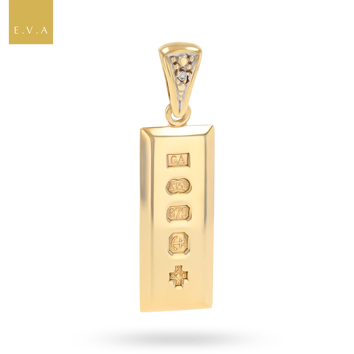 9ct Yellow Gold Bevelled Edge Ingot Diamond Set Pendant