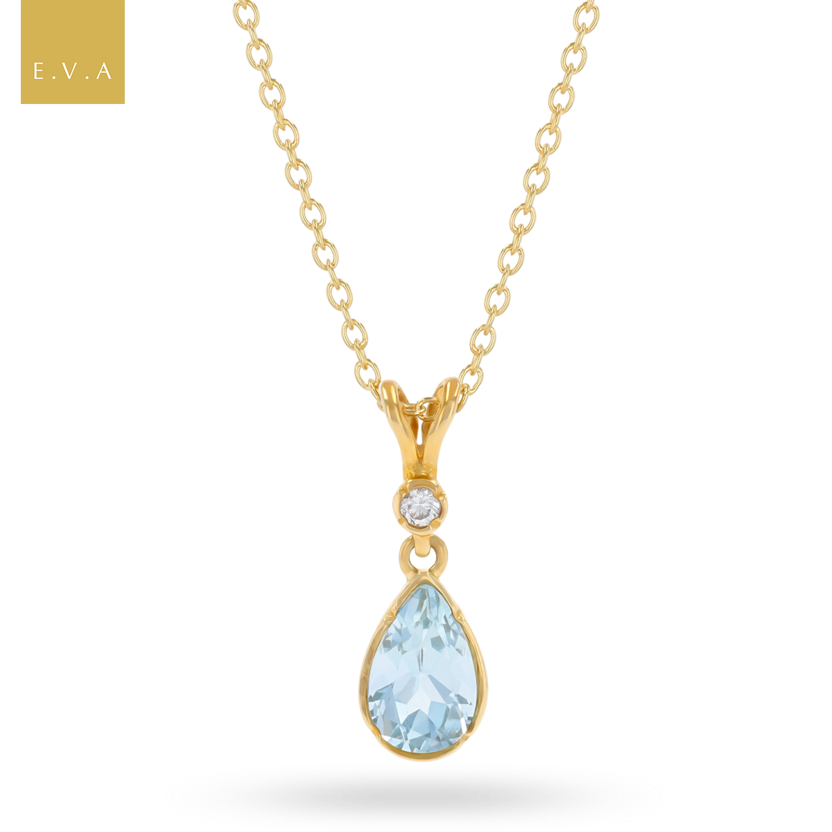 9ct Yellow Gold Pear Shaped Aquamarine & Diamond Pendant with Chain