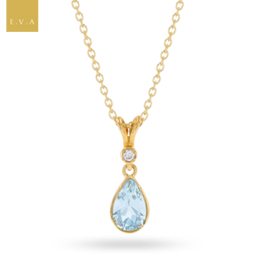 9ct Yellow Gold Pear Shaped Aquamarine & Diamond Pendant with Chain