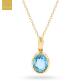 9ct Yellow Gold Oval Shaped Swiss Blue Topaz Bezel Set Pendant With Chain