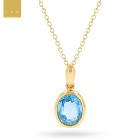 9ct Yellow Gold Oval Shaped Swiss Blue Topaz Bezel Set Pendant With Chain