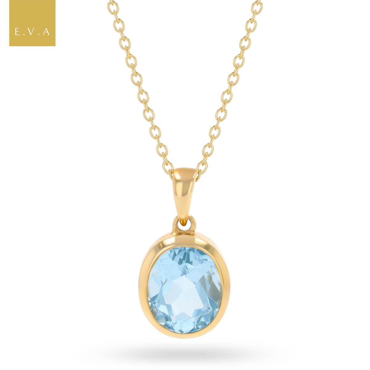 9ct Yellow Gold Oval Shaped Sky Blue Topaz Bezel Set Pendant with Chain