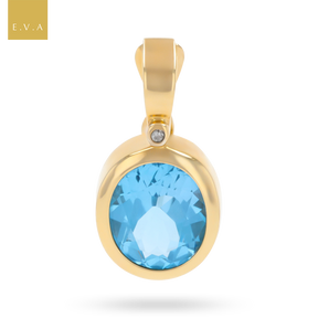 9ct Yellow Gold Oval Shaped Swiss Blue Topaz & Diamond Bezel Set Pendant