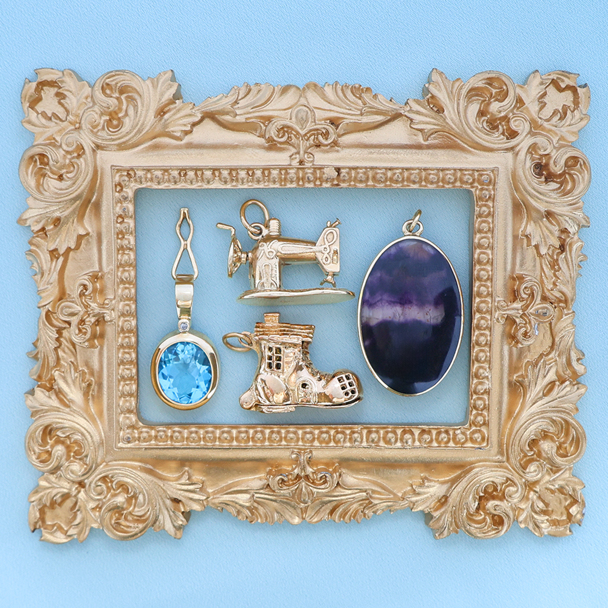 9ct Yellow Gold Oval Shaped Swiss Blue Topaz & Diamond Bezel Set Pendant, 9ct Yellow Gold Sewing Machine Charm , 9ct Yellow Gold Old Woman in Shoe With 3 Children Opening Charm, 9ct Yellow Gold Oval Shaped Blue John Fluorite Double Sided Pendant