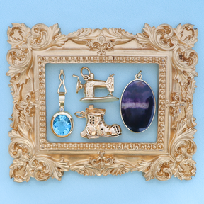 9ct Yellow Gold Oval Shaped Swiss Blue Topaz & Diamond Bezel Set Pendant, 9ct Yellow Gold Sewing Machine Charm , 9ct Yellow Gold Old Woman in Shoe With 3 Children Opening Charm, 9ct Yellow Gold Oval Shaped Blue John Fluorite Double Sided Pendant