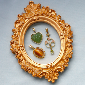9ct Yellow Gold Carved Nephrite Jade Heart Pendant, 9ct Yellow Gold Tiger’s Eye Scalloped Edge Pendant & 9ct Yellow Gold Peridot & Pearl Set Lily of The Valley Pendant
