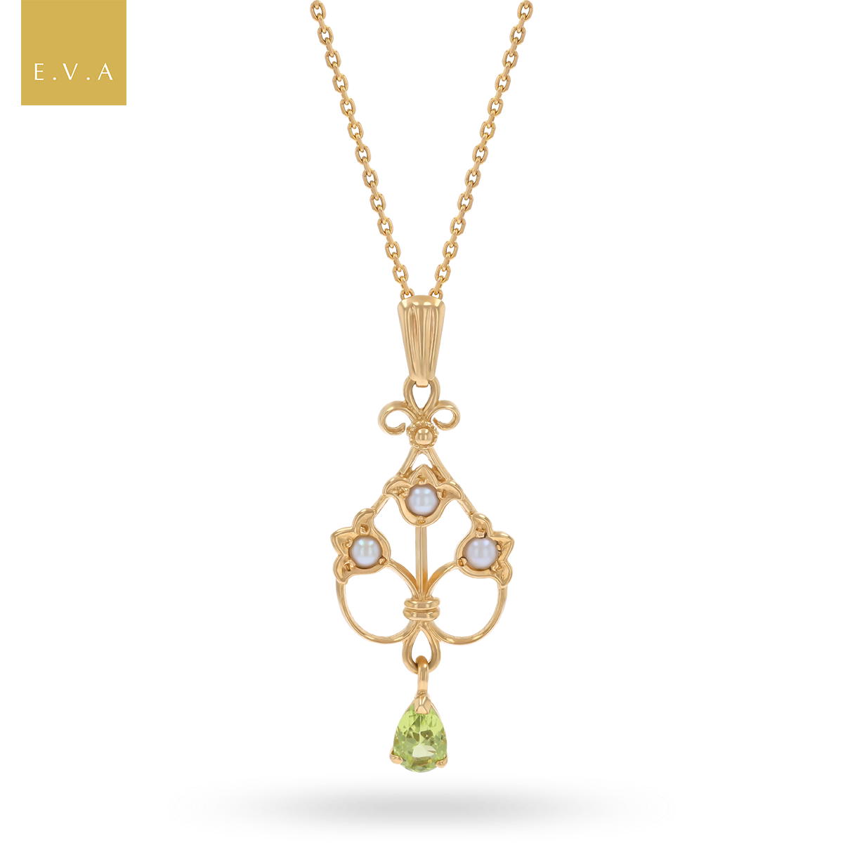 9ct Yellow Gold Peridot & Pearl Set Lily of The Valley Pendant with Chain