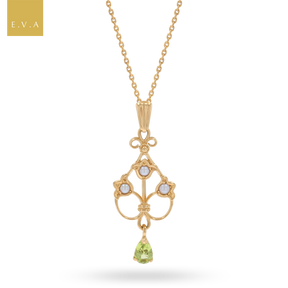 9ct Yellow Gold Peridot & Pearl Set Lily of The Valley Pendant with Chain