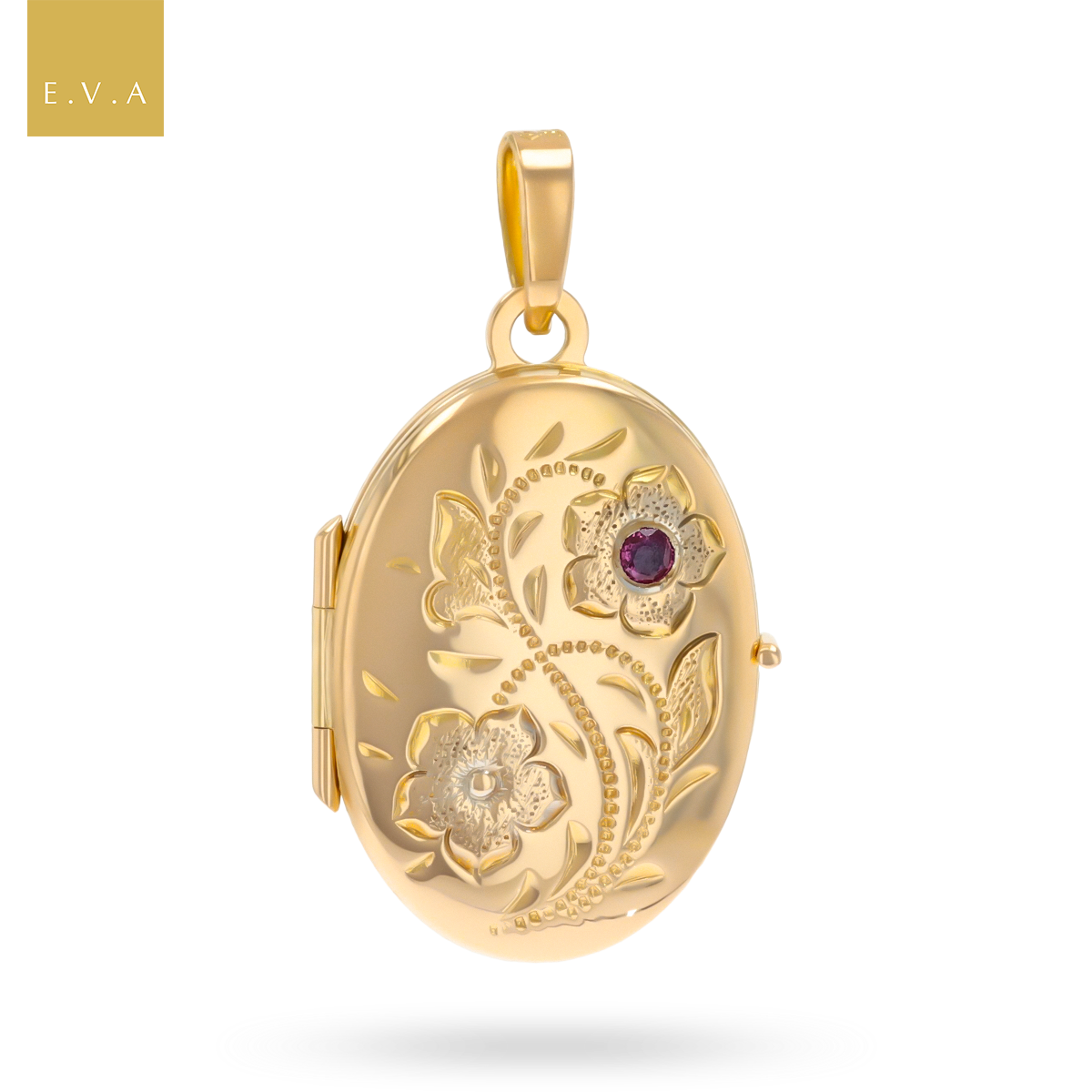 9ct Yellow Gold Oval Shaped Ruby Set Floral Locket