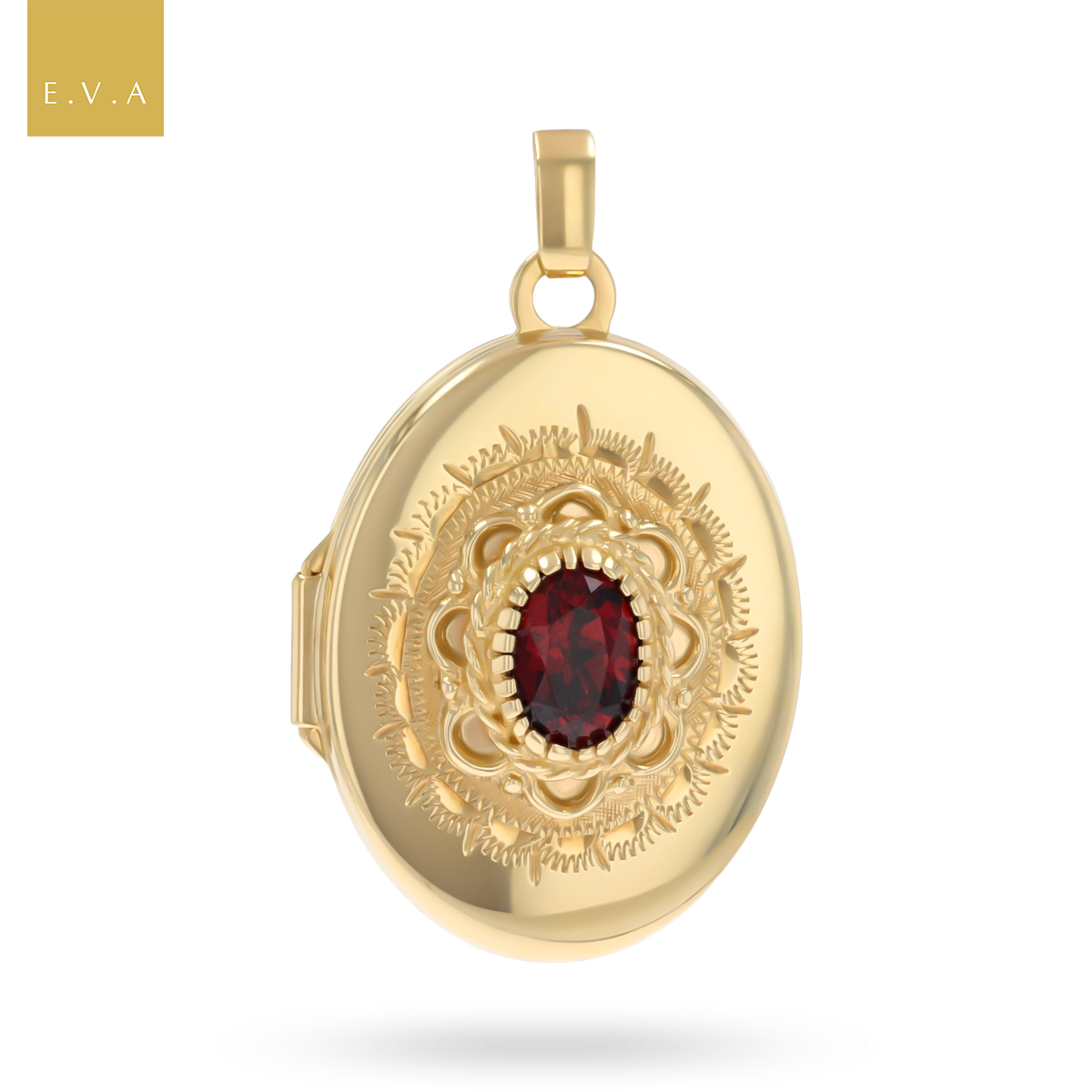 9ct Yellow Gold Oval Shaped Garnet Set Patterned Locket