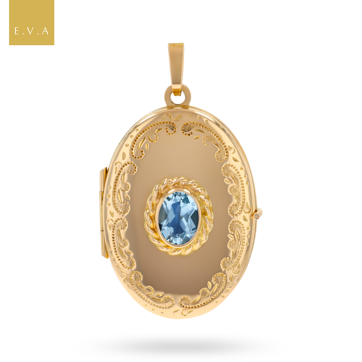 9ct Yellow Gold Oval Shaped Blue Topaz Set Engraved Locket