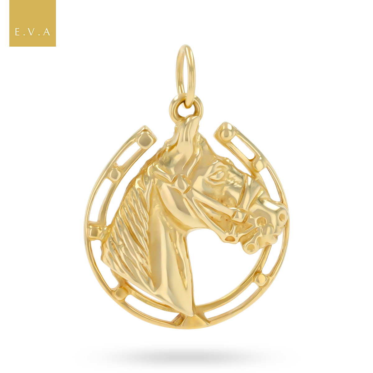 9ct Yellow Gold Large Horse Head in Horseshoe Pendant