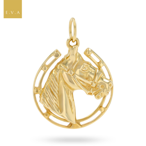 9ct Yellow Gold Large Horse Head in Horseshoe Pendant
