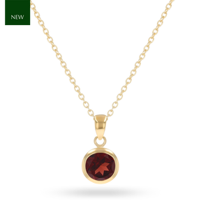 9ct Yellow Gold Round Shaped Garnet Bezel Set Pendant with Chain