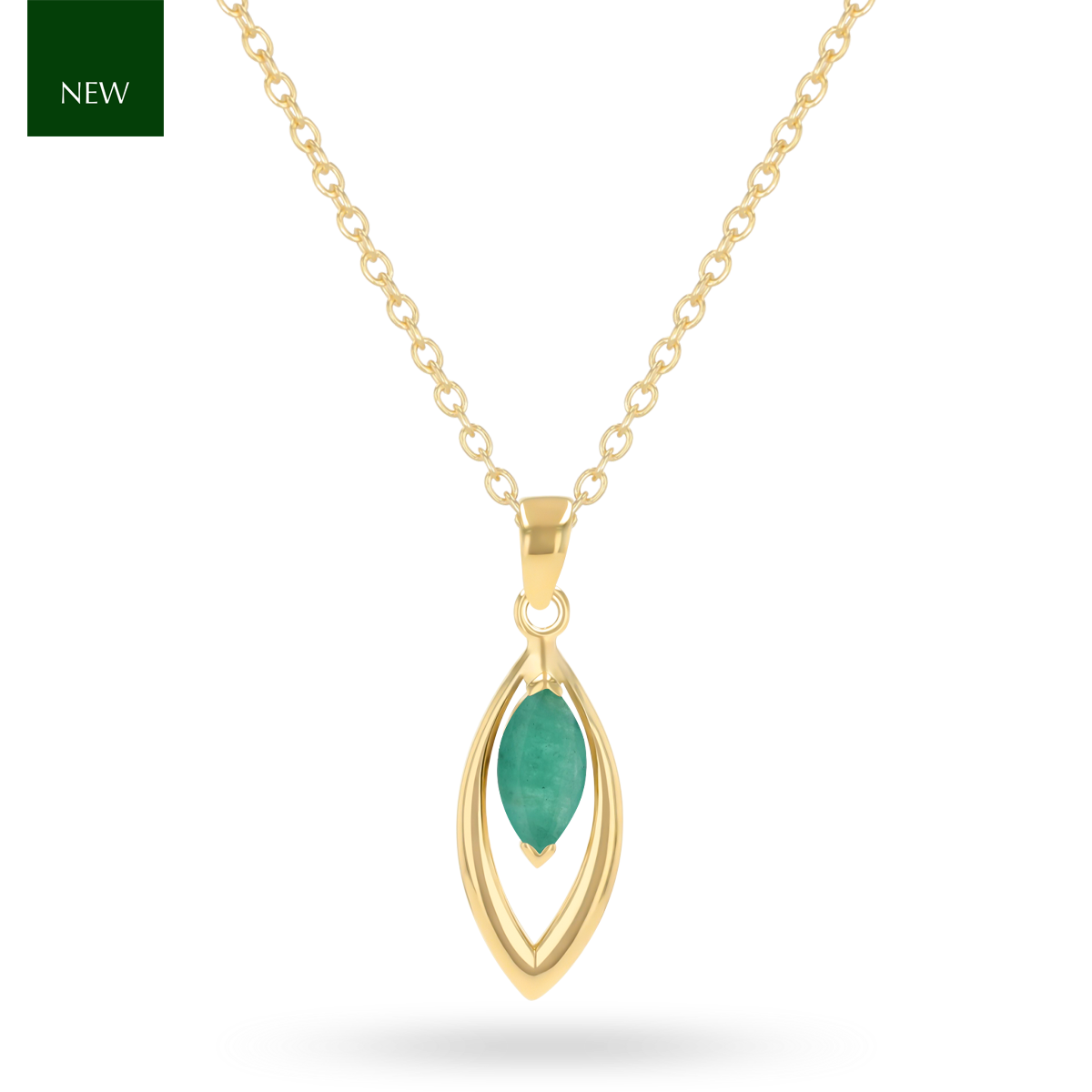 9ct Yellow Gold Marquise Shaped Emerald Navette Pendant with Chain