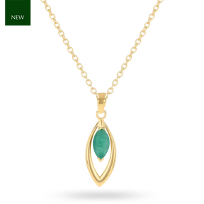 9ct Yellow Gold Marquise Shaped Emerald Navette Pendant with Chain