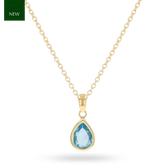 9ct Yellow Gold Pear Shaped Blue Topaz Bezel Set Pendant with Chain