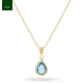 9ct Yellow Gold Pear Shaped Blue Topaz Bezel Set Pendant with Chain