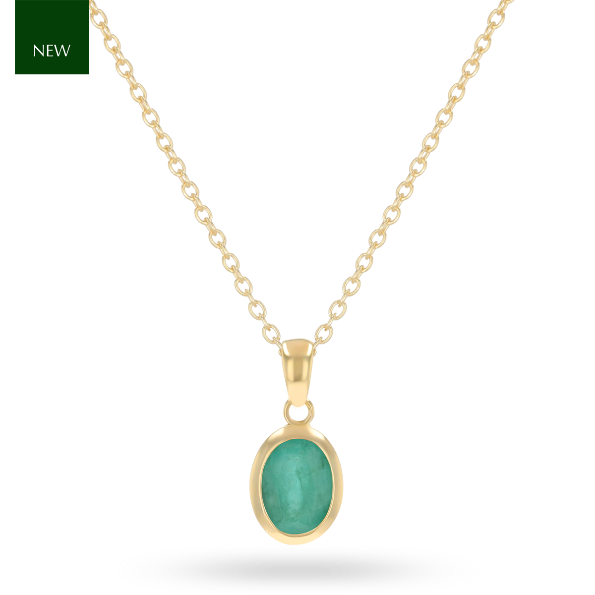 9ct Yellow Gold Oval Shaped Emerald Bezel Set Pendant with Chain
