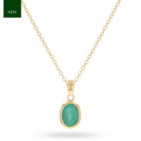 9ct Yellow Gold Oval Shaped Emerald Bezel Set Pendant with Chain