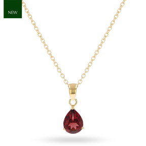 9ct Yellow Gold Pear Shaped Garnet Claw Set Pendant with Chain