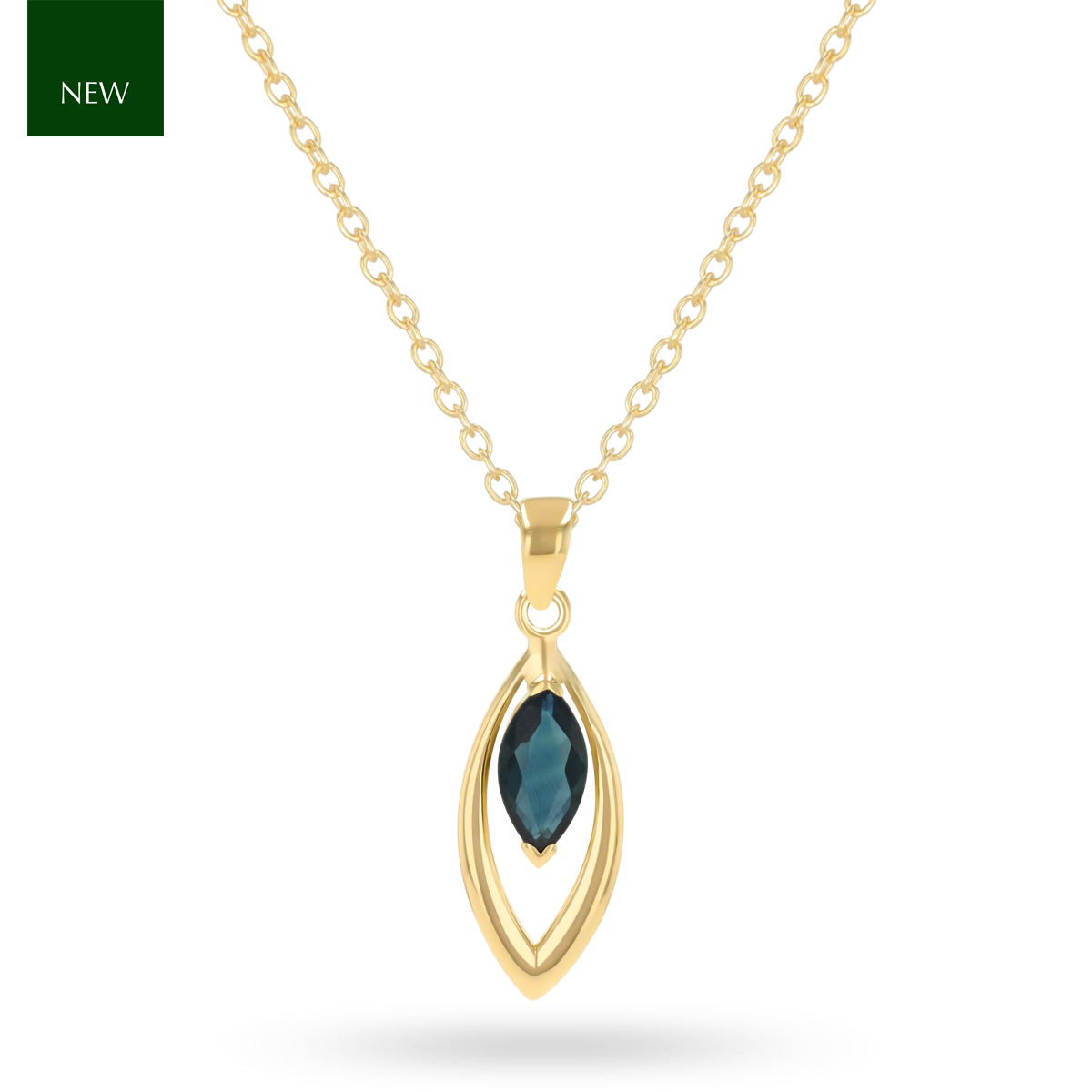 9ct Yellow Gold Marquise Shaped Sapphire Navette Pendant with Chain