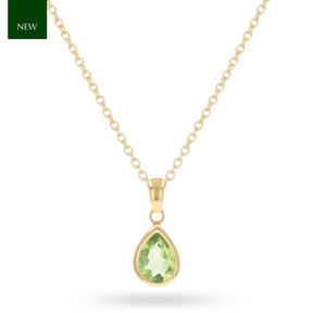 9ct Yellow Gold Pear Shaped Peridot Bezel Set Pendant with Chain