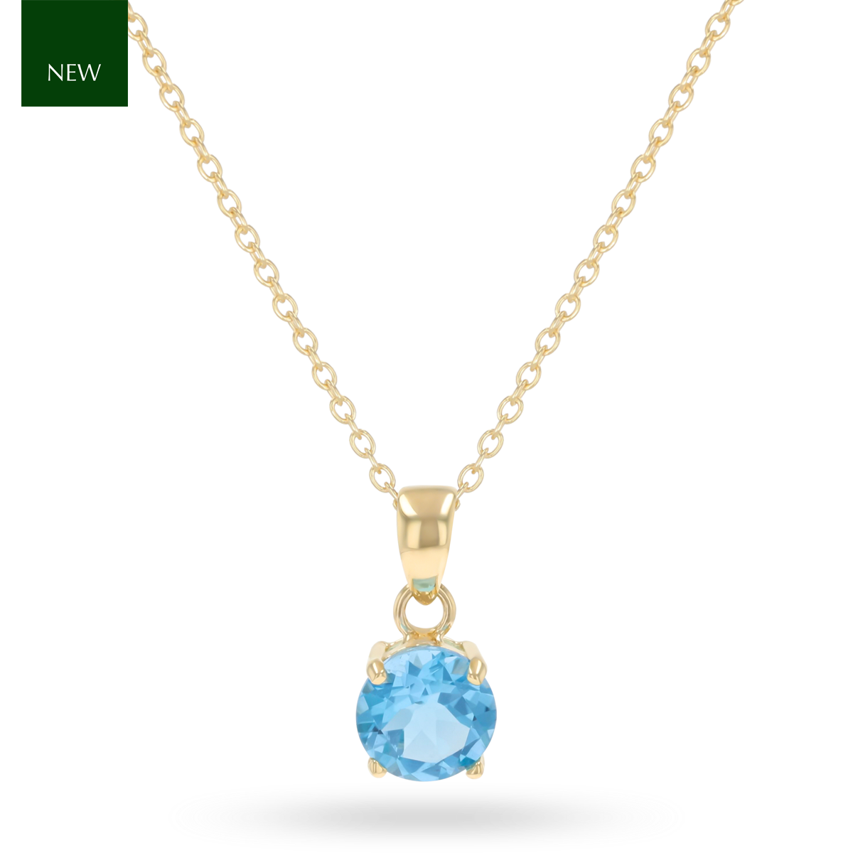 9ct Yellow Gold Round Shaped Blue Topaz Claw Set Pendant With Chain