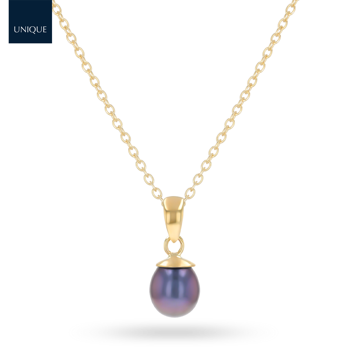 9ct Yellow Gold Black Freshwater Oval Pearl Pendant with Chain