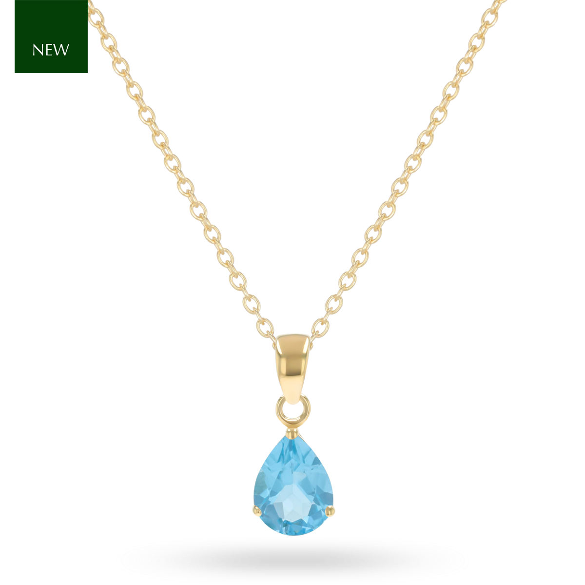 9ct Yellow Gold Pear Shaped Blue Topaz Claw Set Pendant With Chain