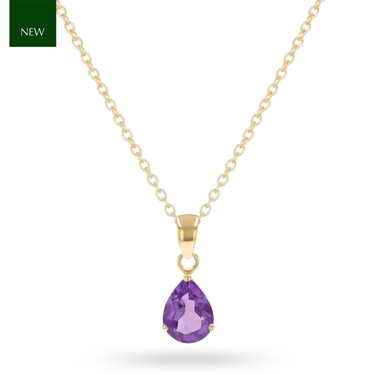 9ct Yellow Gold Pear Shaped Amethyst Claw Set Pendant With Chain