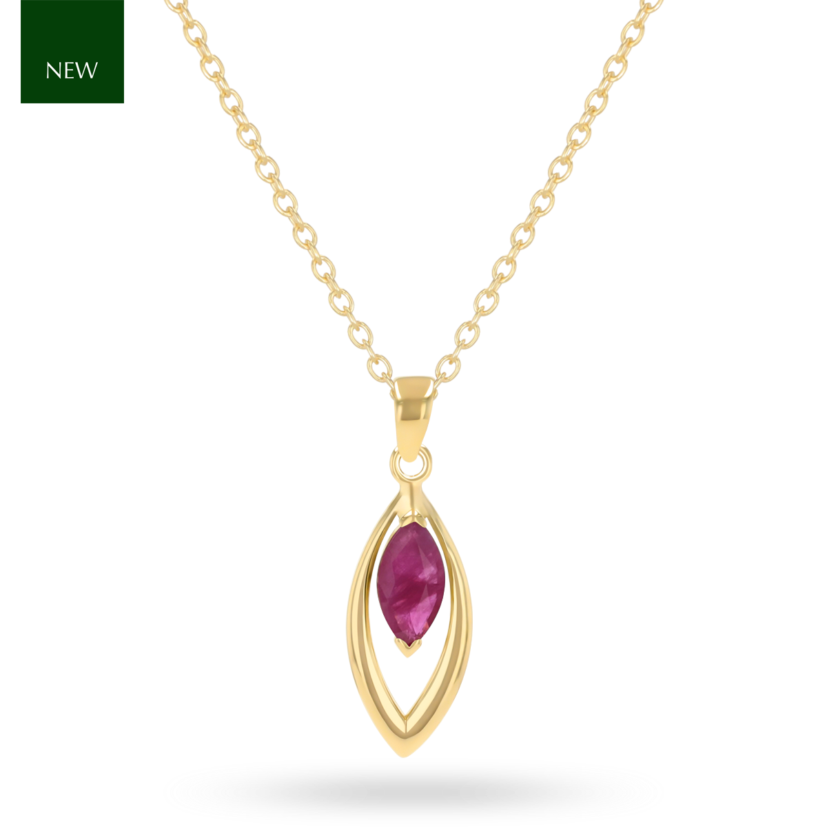 9ct Yellow Gold Marquise Shaped Ruby Navette Pendant With Chain