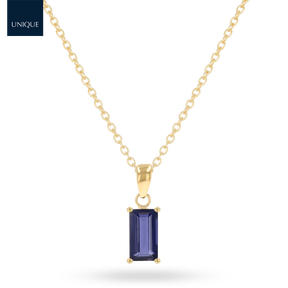 9ct Yellow Gold Baguette Cut Iolite Claw Set Pendant with Chain