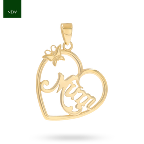 9ct Yellow Gold Mum Heart with Butterfly Cut Out Pendant