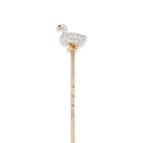9ct Yellow Gold & Platinum Top Ruby & Diamond Duck Stick Pin