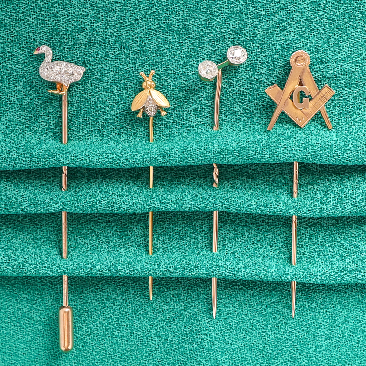 9ct Yellow Gold & Platinum Top Ruby & Diamond Duck Stick Pin, 18ct Yellow Gold Diamond Set Bee Stick Pin, 9ct Yellow Gold & Platinum Top Old Cut Diamond Stick Pin, 9ct Yellow Gold Masonic Stick Pin