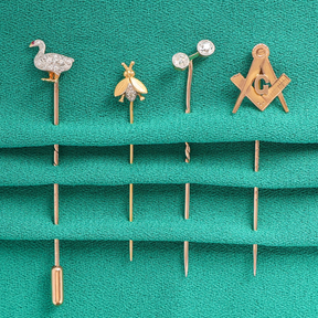9ct Yellow Gold & Platinum Top Ruby & Diamond Duck Stick Pin, 18ct Yellow Gold Diamond Set Bee Stick Pin, 9ct Yellow Gold & Platinum Top Old Cut Diamond Stick Pin, 9ct Yellow Gold Masonic Stick Pin