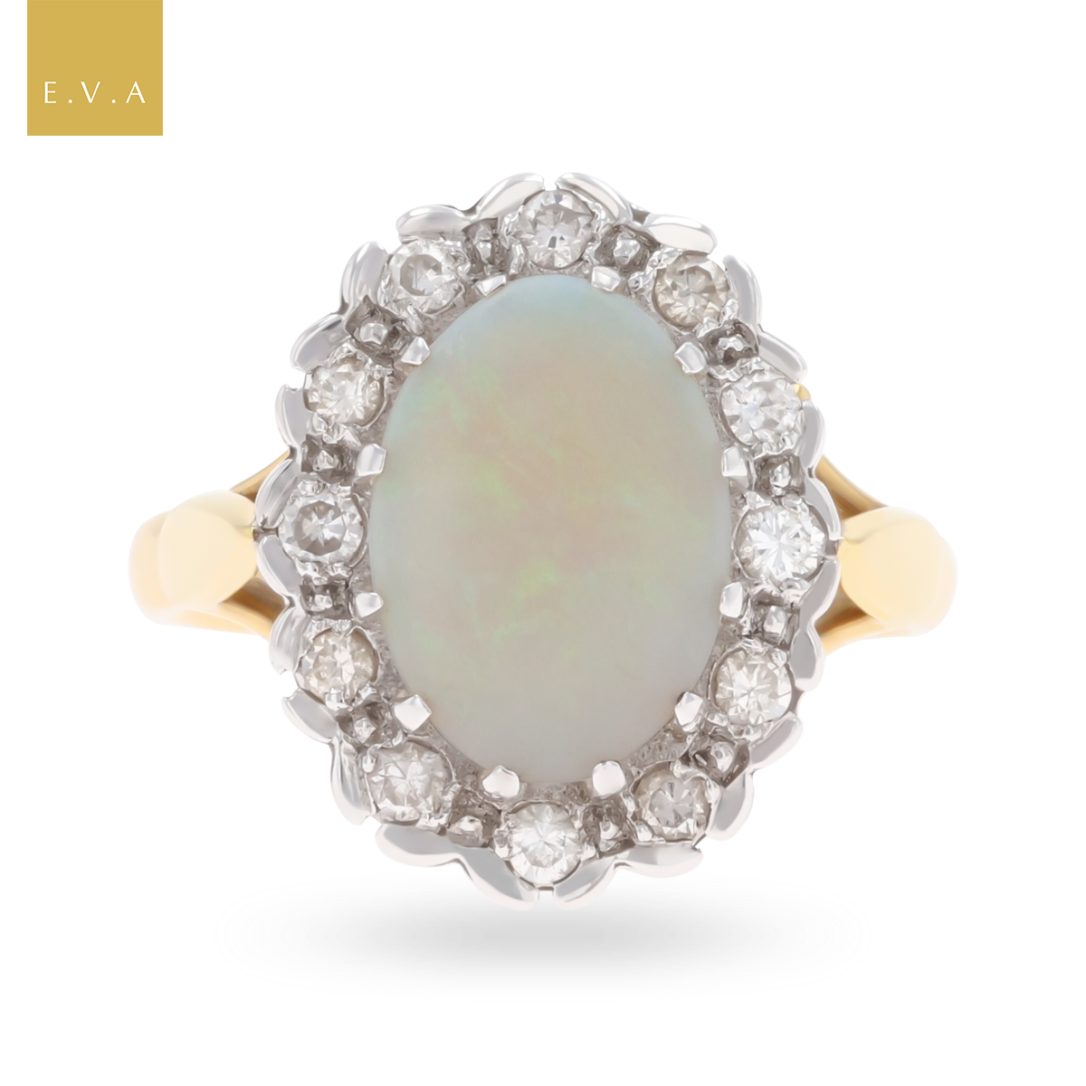 18ct Yellow Gold Oval Shaped Opal & Diamond Cluster Ring