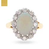 18ct Yellow Gold Oval Shaped Opal & Diamond Cluster Ring