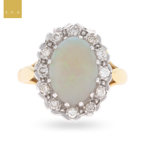 18ct Yellow Gold Oval Shaped Opal & Diamond Cluster Ring