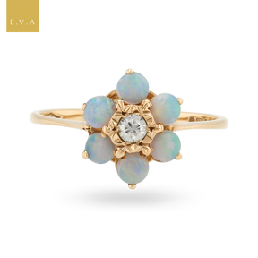 9ct Yellow Gold Opal & Diamond Flower Cluster Ring