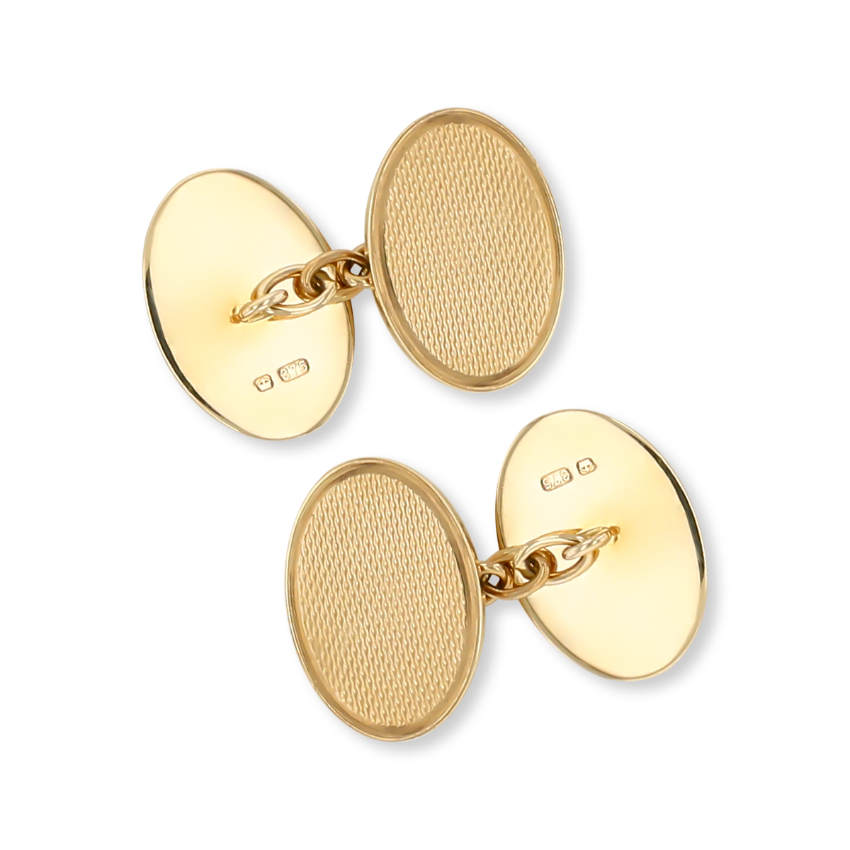 9ct Yellow Gold Plain & Engine Turned Oval Cufflinks