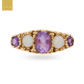 9ct Yellow Gold Amethyst & Opal Five Stone Ring