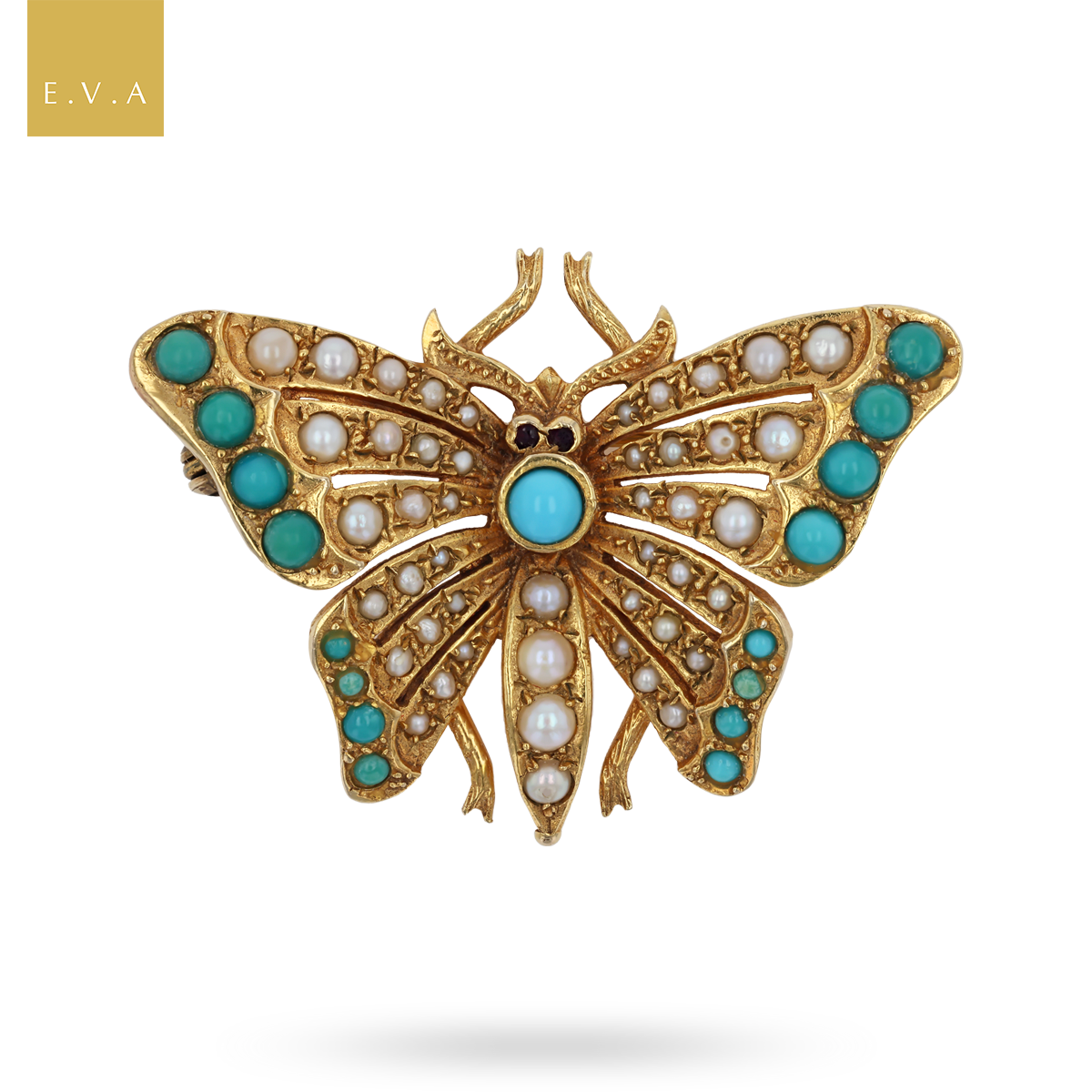9ct Yellow Gold Turquoise & Pearl Butterfly Brooch