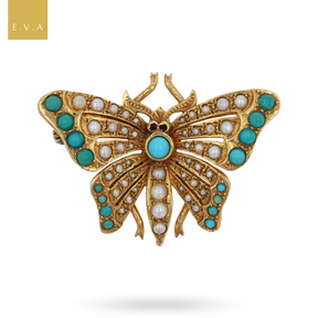 9ct Yellow Gold Turquoise & Pearl Butterfly Brooch