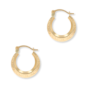 9ct Yellow Gold 10mm Engraved Scroll Creole Earrings